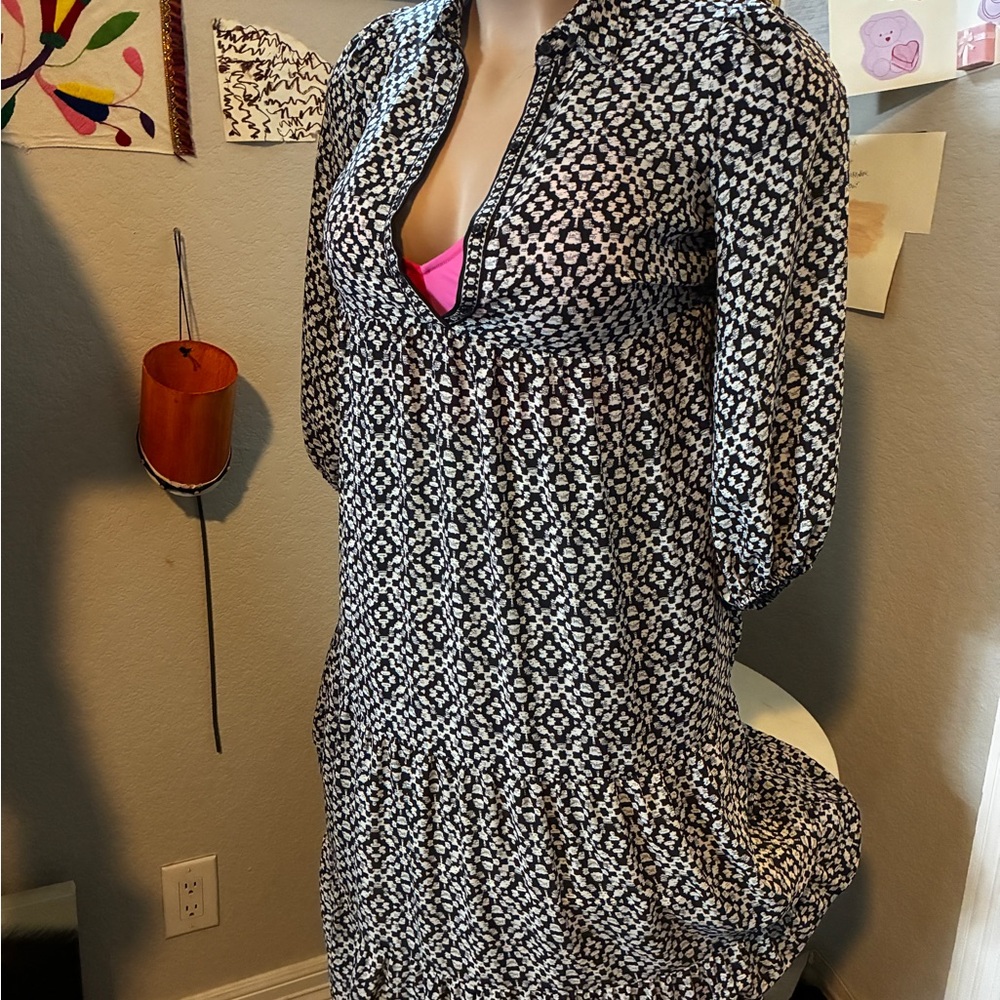 Max Studio Black & White Printed Long-Sleeve Dress with Pink Accent